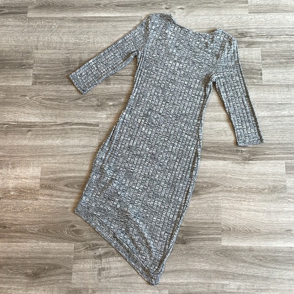 Feathers Gray Asymmetrical Ribbed Long Sleeve Bodycon Dress - Picture 2 of 4
